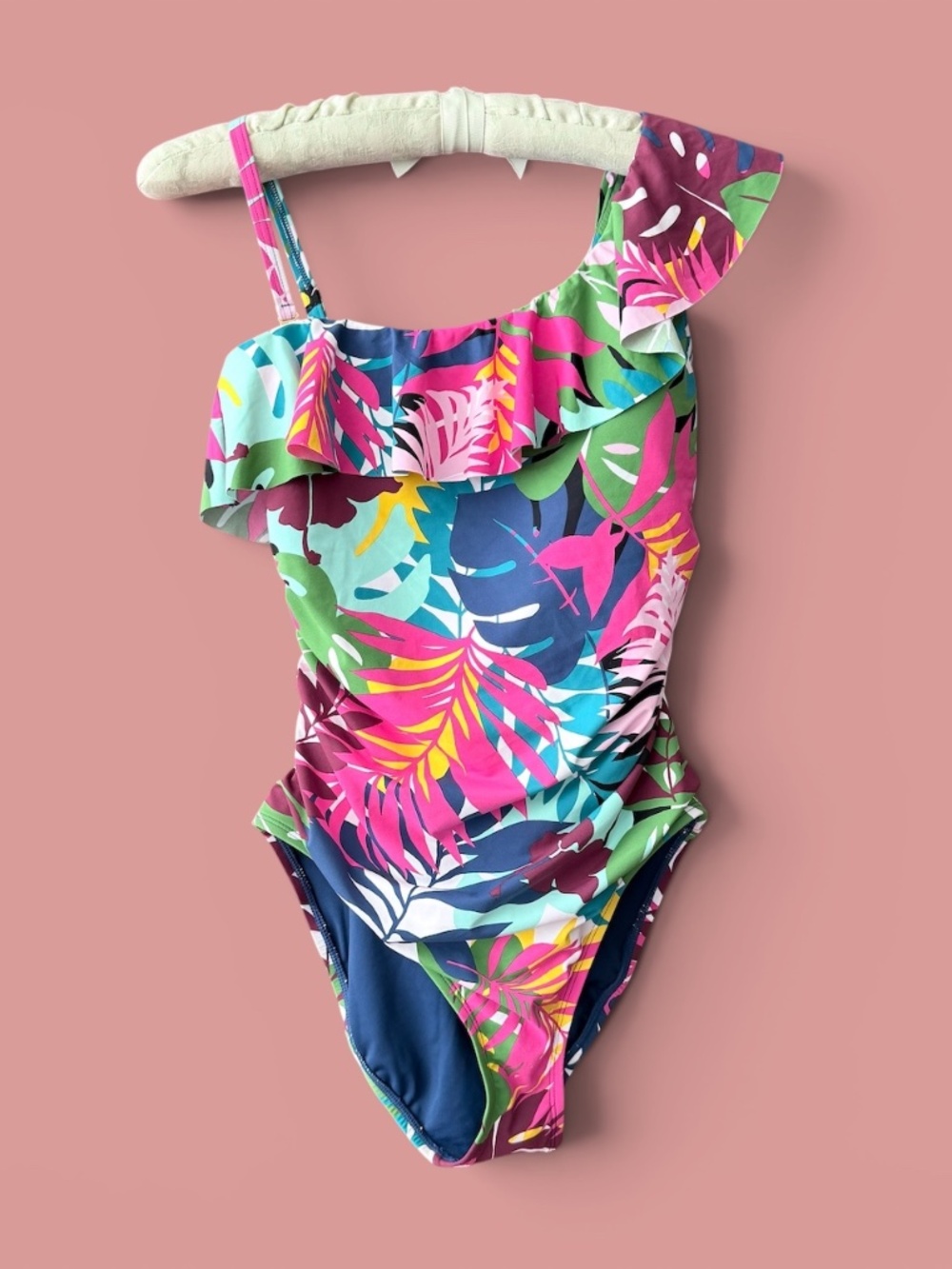 Bleu Rod Beattie One Shoulder Tropical Ruffle One-Piece Swimsuit NWT Size 8